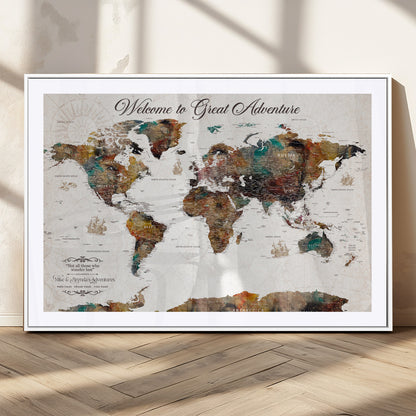 67029173-MGC-FP-36x24_White-Personalized World Map Wall Art – Colorful Vintage Adventure Travel Map with Custom Couple Names, Rustic Wall Decor for Home,