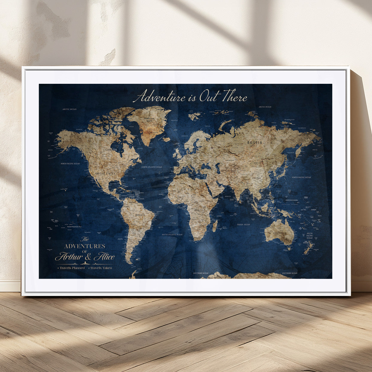 71052542-MGC-FP-36x24_White-Personalized World Map Wall Art – Rustic Navy Blue Adventure Travel Map with Custom Couple Names, Vintage Wall Decor for Home or