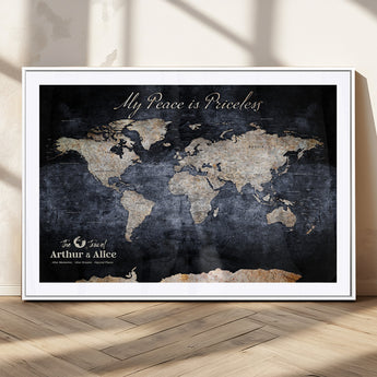 85403043-MGC-FP-36x24_White-Personalized World Map Wall Art – Dark Blue Rustic Adventure Map with Custom Couple Names, Vintage Wall Decor for Home or Travel