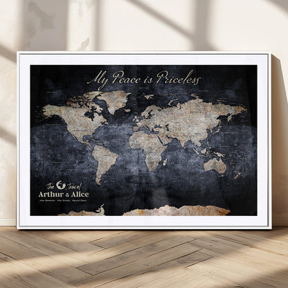 85403043-MGC-FP-36x24_White-Personalized World Map Wall Art – Dark Blue Rustic Adventure Map with Custom Couple Names, Vintage Wall Decor for Home or Travel