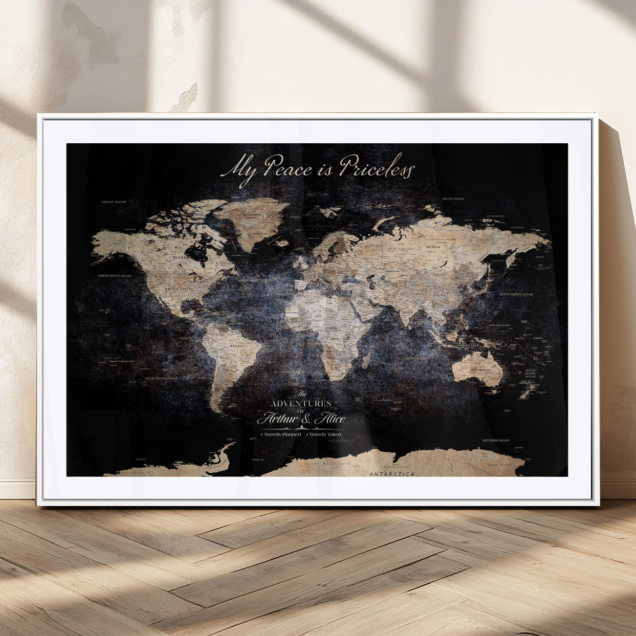 51488142-MGC-FP-36x24_White-Personalized World Map Wall Art – Dark Rustic Adventure Travel Map with Custom Names, Vintage Wall Decor for Couples, Families or