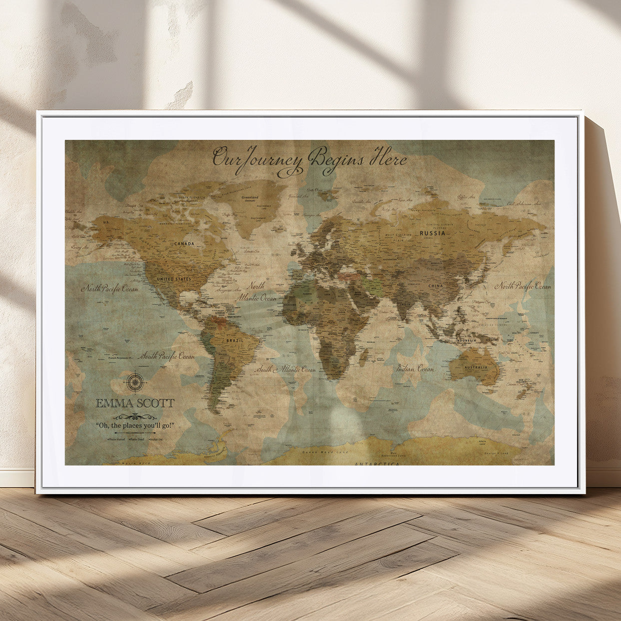 54795344-MGC-FP-36x24_White-Personalized World Map Wall Art – Vintage Adventure Travel Map with Custom Names, Rustic Wall Décor for Couples, Families