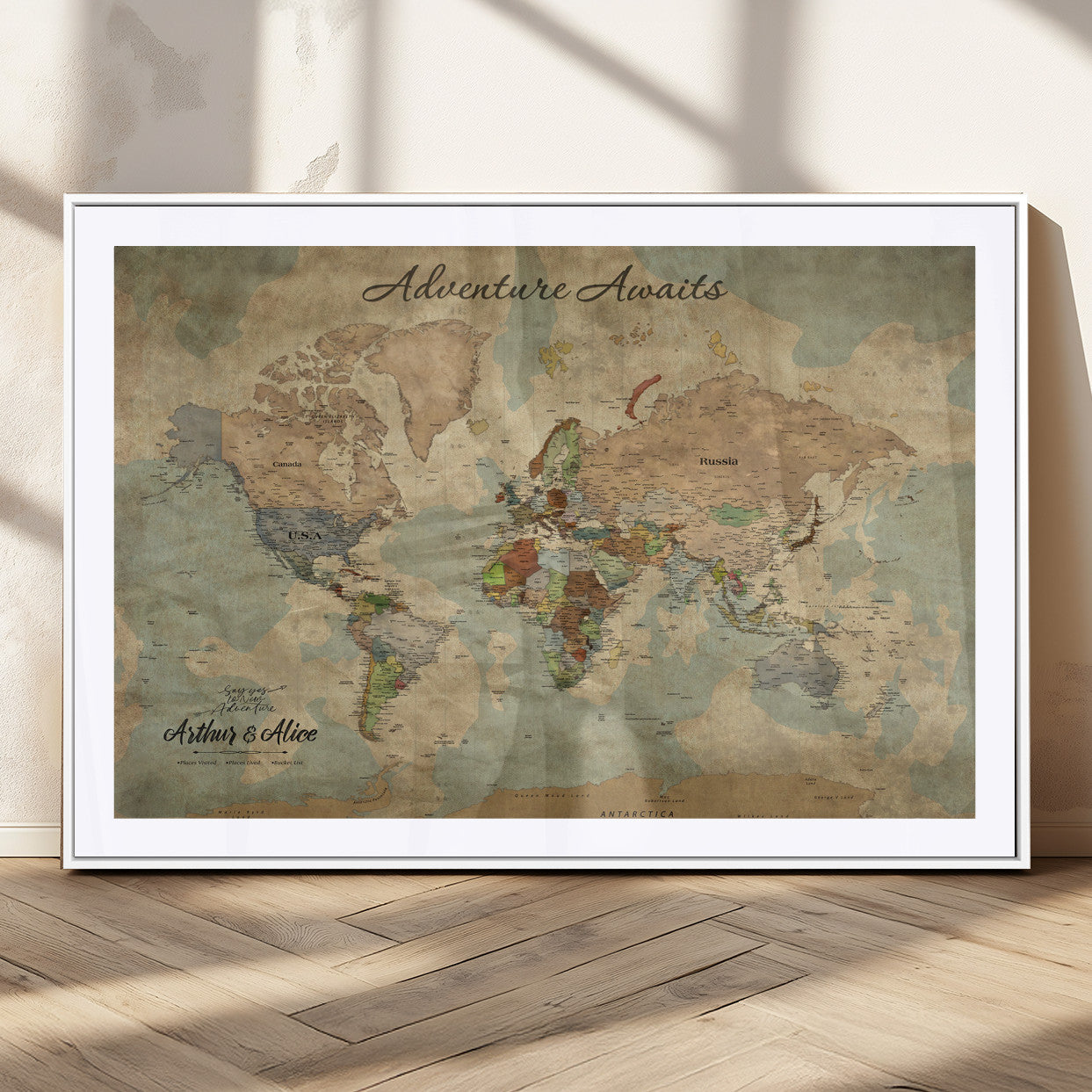 62500285-MGC-FP-36x24_White-Personalized World Map Wall Art – Rustic Watercolor Adventure Awaits Travel Map with Custom Couple Names, Vintage Wall Decor for