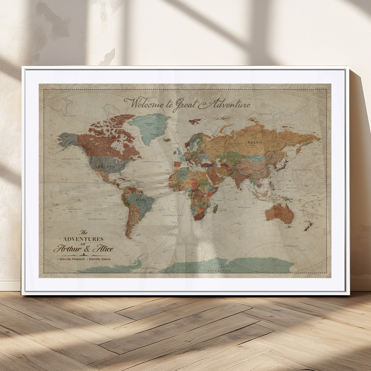 43497401-MGC-FP-36x24_White-Personalized World Map Wall Art – Vintage Rustic Adventure Travel Map with Custom Couple Names, Welcome to Great Adventure Wall