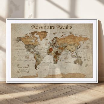 18685073-MGV-CV-36X24-Personalized World Map Wall Art – Antique Vintage Parchment Adventure Awaits Travel Map with Custom Couple Names, Rustic Wall