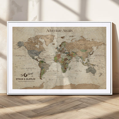 62766900-MGC-FP-36x24_White-Personalized World Map Wall Art – Antique Parchment Adventure Travel Map with Custom Couple Names, Rustic Wall Decor for Home,