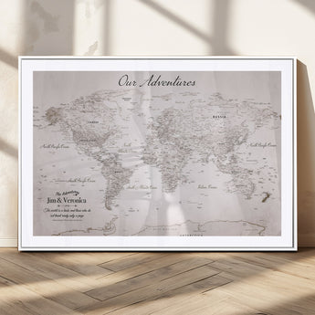 11706567-MGC-FP-36x24_White-Personalized World Map Wall Art – Minimalist Beige Adventure Travel Map with Custom Names, Elegant Push Pin Canvas for Couples,