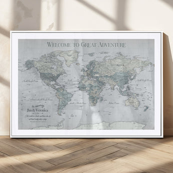 70605050-MGC-FP-36x24_White-Personalized World Map Wall Art – Cool Gray Adventure Travel Map with Custom Names, Elegant Push Pin Canvas for Couples, Family