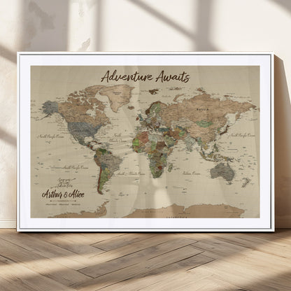 53442996-MGC-FP-36x24_White-Personalized World Map Wall Art – Adventure Awaits Vintage Travel Map with Custom Couple Names, Rustic Wall Decor for Home,