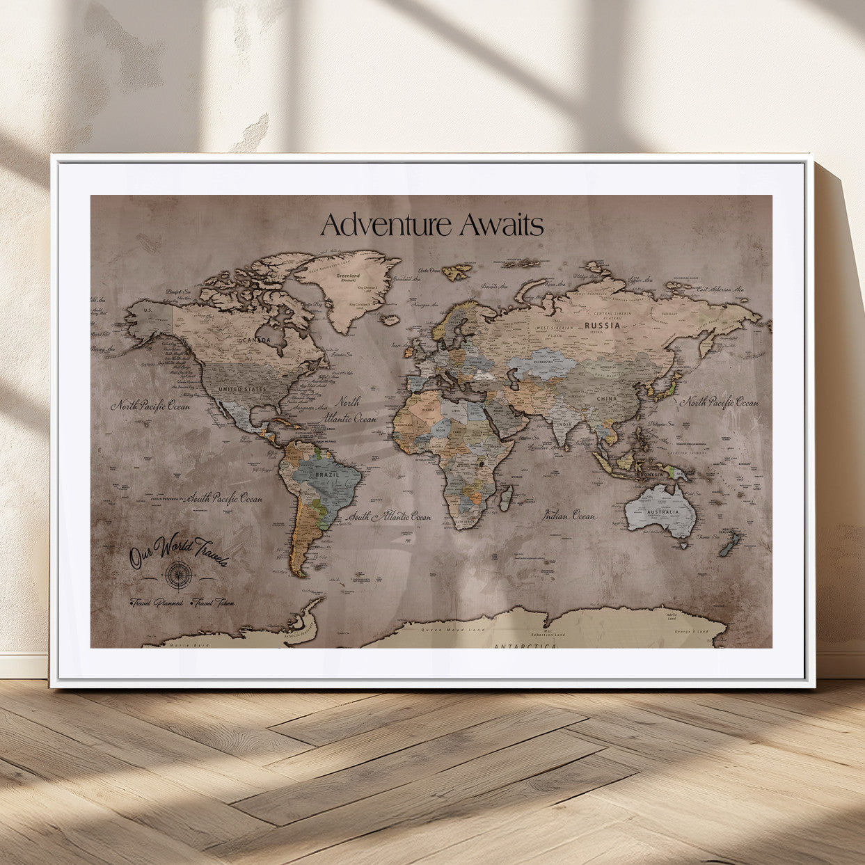 93226713-MGC-FP-36x24_White-Personalized World Map Wall Art – Adventure Awaits Rustic Earth-Tone Travel Map with Custom Names, Vintage Wall Decor for Couples,