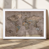 93226713-MGC-FP-36x24_White-Personalized World Map Wall Art – Adventure Awaits Rustic Earth-Tone Travel Map with Custom Names, Vintage Wall Decor for Couples,