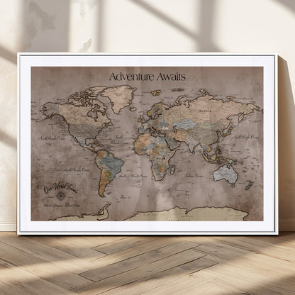 93226713-MGC-FP-36x24_White-Personalized World Map Wall Art – Adventure Awaits Rustic Earth-Tone Travel Map with Custom Names, Vintage Wall Decor for Couples,