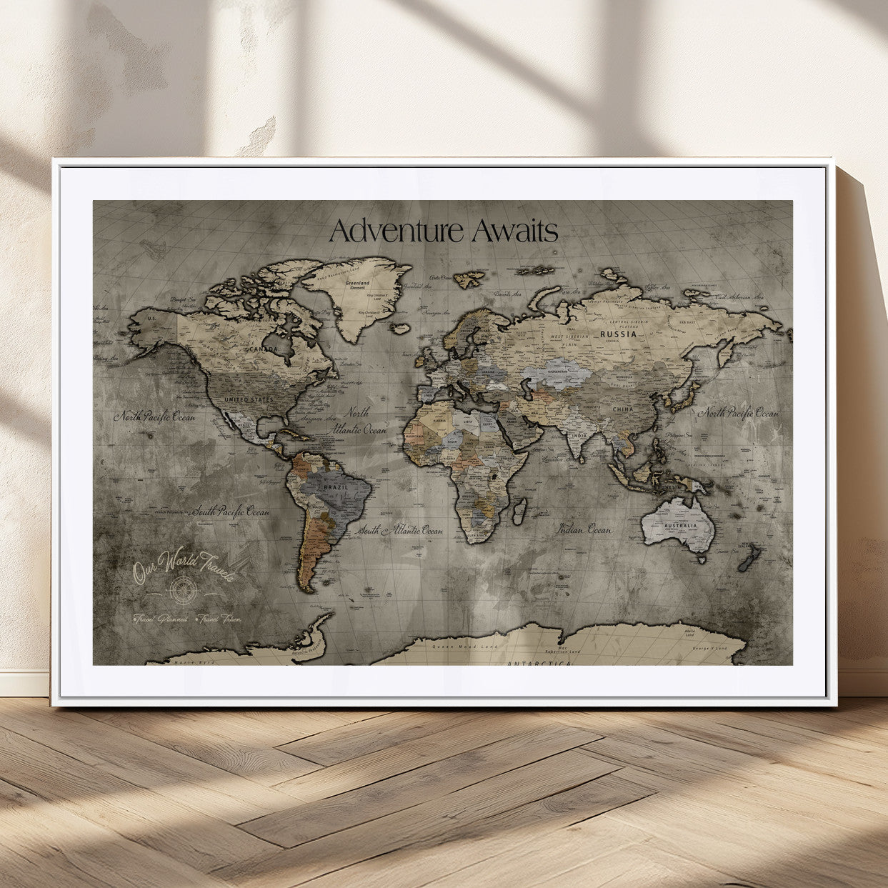 72658967-MGC-FP-36x24_White-Personalized World Map Wall Art – Adventure Awaits Rustic Sepia Travel Map with Custom Names, Vintage Wall Decor for Couples, Home