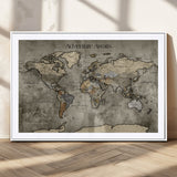 72658967-MGC-FP-36x24_White-Personalized World Map Wall Art – Adventure Awaits Rustic Sepia Travel Map with Custom Names, Vintage Wall Decor for Couples, Home