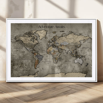 72658967-MGC-FP-36x24_White-Personalized World Map Wall Art – Adventure Awaits Rustic Sepia Travel Map with Custom Names, Vintage Wall Decor for Couples, Home