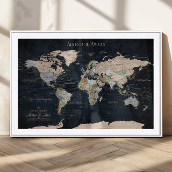 15547583-MGC-FP-36x24_White-Personalized World Map Wall Art – Rustic Navy Adventure Awaits Travel Map with Custom Couple Names, Vintage Wall Decor for Home or