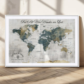 16233493-MGV-CV-36X24-Personalized World Map Wall Art – Rustic Blue Green Wanderlust Travel Map with Custom Couple Names, Vintage Wall Decor for Home