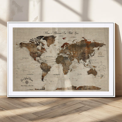 48225643-MGC-FP-36x24_White-Personalized World Map Wall Art – Rustic Vintage Adventure Travel Map with Custom Couple Names, Romantic Wall Decor for Home or