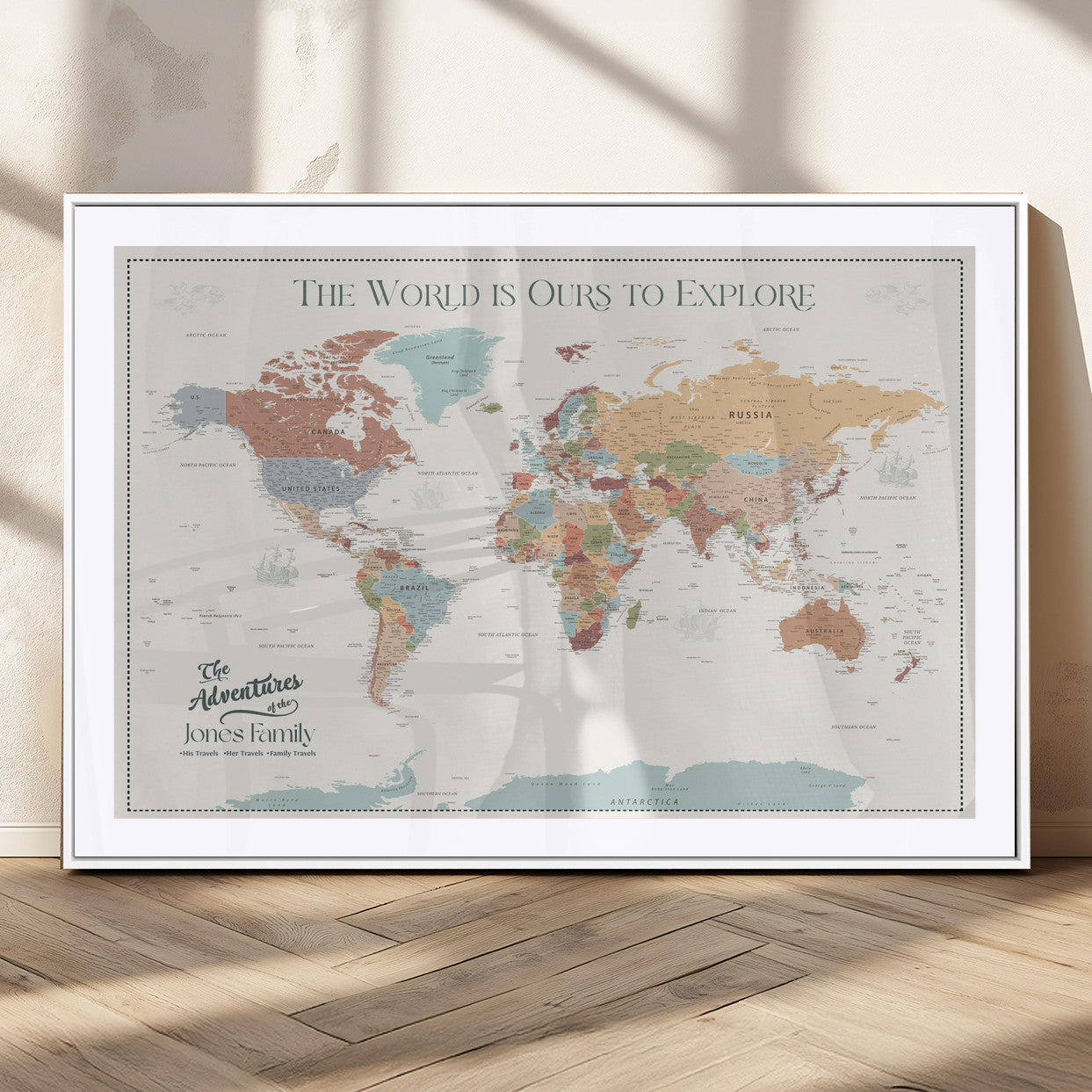 69180591-MGC-FP-36x24_White-Personalized World Map Wall Art – Rustic Vintage Adventure Travel Map with Custom Family Names, Unique Wall Decor for Couples,