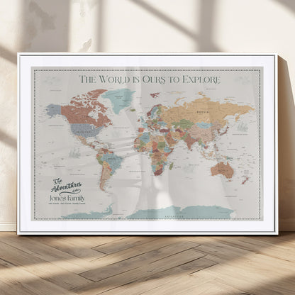 69180591-MGC-FP-36x24_White-Personalized World Map Wall Art – Rustic Vintage Adventure Travel Map with Custom Family Names, Unique Wall Decor for Couples,