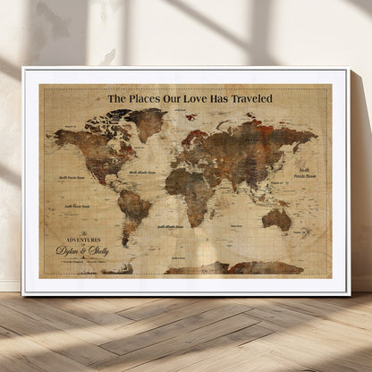 50680593-MGC-FP-36x24_White-Personalized World Map Wall Art – Rustic Brown Adventure Travel Map with Custom Names, Elegant Push Pin Canvas for Couples Home,