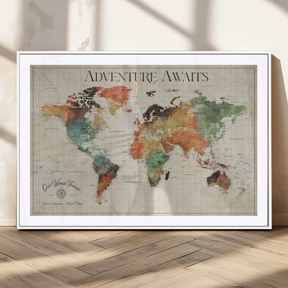 24737989-MGC-FP-36x24_White-Personalized World Map Wall Art – Colorful Vintage Adventure Travel Map with Custom Names, Unique Wall Decor for Couples,