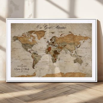 91961147-MGC-FP-36x24_White-Personalized World Map Wall Art – Vintage Sepia Adventure Travel Map with Custom Couple Names, Rustic Wall Decor for Home, Couples
