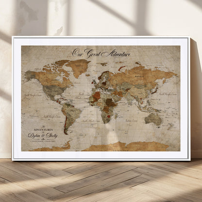 91961147-MGC-FP-36x24_White-Personalized World Map Wall Art – Vintage Sepia Adventure Travel Map with Custom Couple Names, Rustic Wall Decor for Home, Couples
