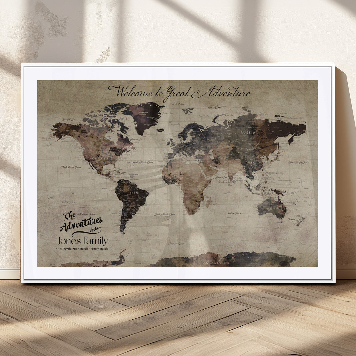 78610079-MGV-CV-36X24-Personalized World Map Wall Art – Vintage Rustic Travel Map with Custom Family Name, Adventure Wall Decor for Home, Family Gift or