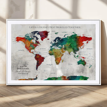 95876117-MGC-FP-36x24_White-Personalized World Map Wall Art – Colorful Watercolor Travel Map with Custom Names, Romantic Wall Decor for Couples, Wedding or