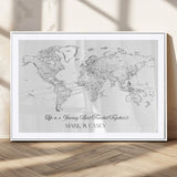 43438578-MGC-FP-36x24_White-Personalized World Map Wall Art – Black and White Minimal Travel Map with Custom Names, Elegant Wall Decor for Couples, Wedding or