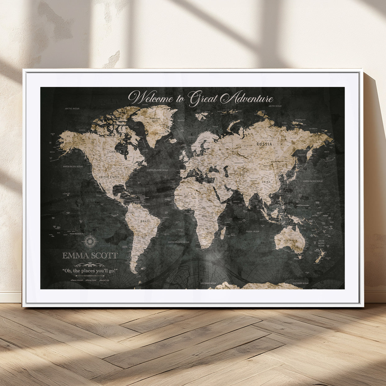 70534097-MGC-FP-36x24_White-Personalized World Map Wall Art – Dark Vintage Adventure Style Travel Map with Custom Names, Unique Wall Decor for Couples, Home