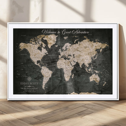70534097-MGC-FP-36x24_White-Personalized World Map Wall Art – Dark Vintage Adventure Style Travel Map with Custom Names, Unique Wall Decor for Couples, Home