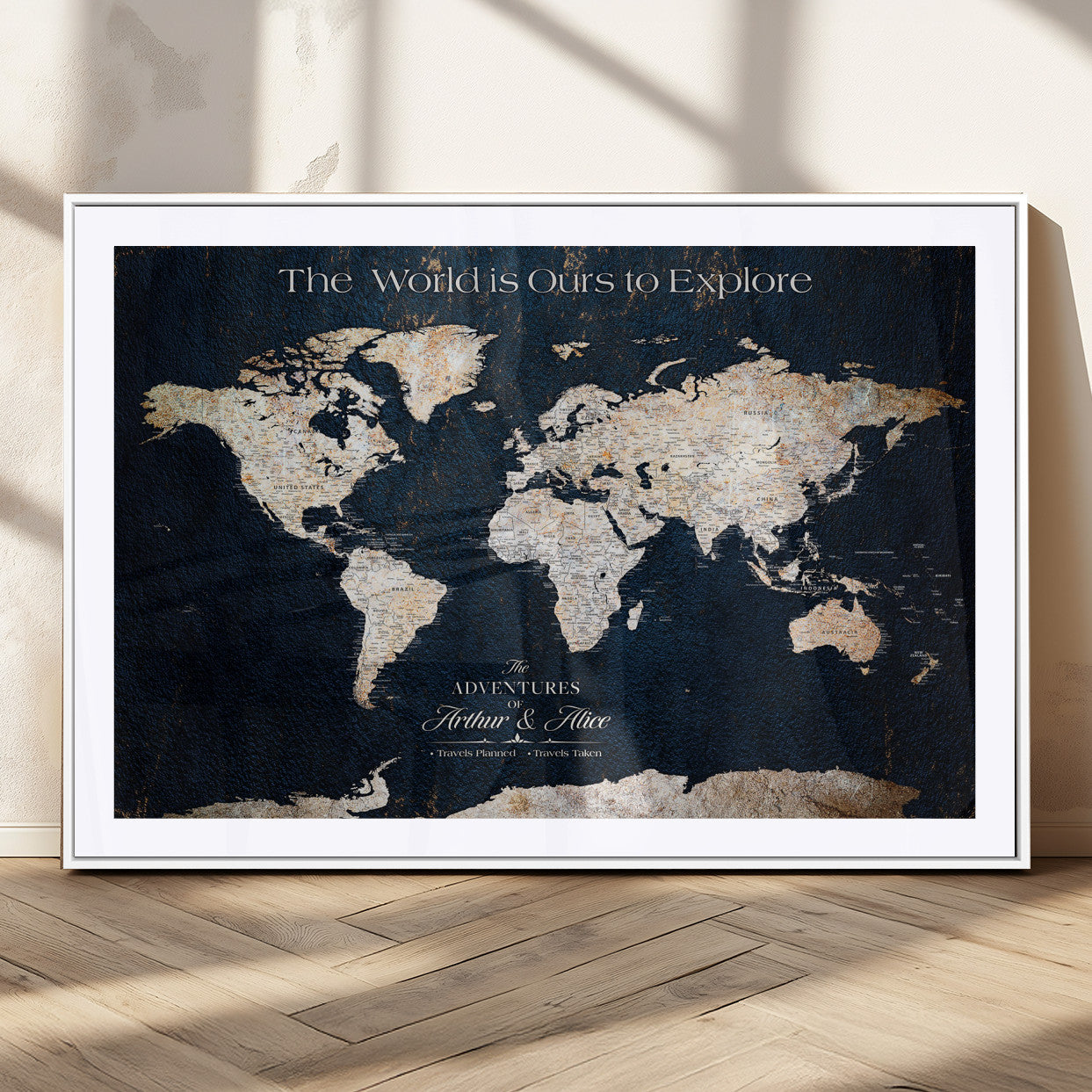13231361-MGC-FP-36x24_White-Personalized World Map Wall Art – Navy Blue Vintage Adventure Travel Map with Custom Names, Elegant Push Pin Canvas for Couples