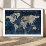 16933330-MGC-FP-36x24_White-Personalized World Map Wall Art – Navy Blue Vintage Travel Map with Custom Names, Anniversary Gift for Couples Romantic Adventure