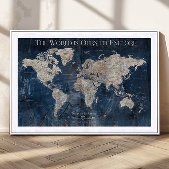 16933330-MGC-FP-36x24_White-Personalized World Map Wall Art – Navy Blue Vintage Travel Map with Custom Names, Anniversary Gift for Couples Romantic Adventure
