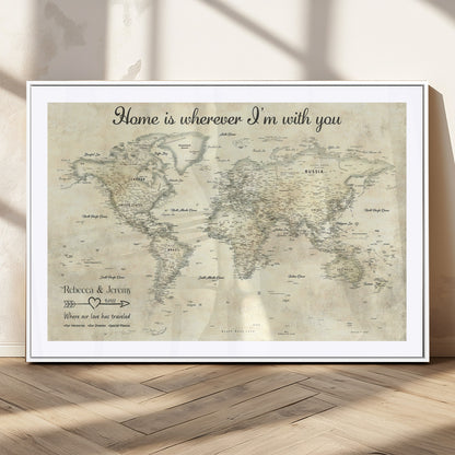 35009043-MGC-FP-36x24_White-Personalized World Map Wall Art – Vintage Beige Travel Map with Custom Names and Date, Romantic Anniversary Gift for Couples Home