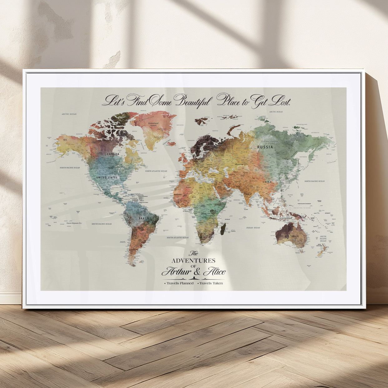 10311652-MGC-FP-36x24_White-Personalized World Map Wall Art - Watercolor Travel Map with Custom Names Minimalist Design for Couples&Families - Decor for Home,