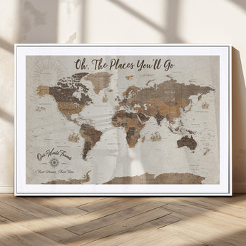 14140137-MGC-FP-36x24_White-Personalized World Map Wall Art – Vintage Nautical Adventure Map with Ships and Compass, Rustic Sepia Tones for Travel Lovers and