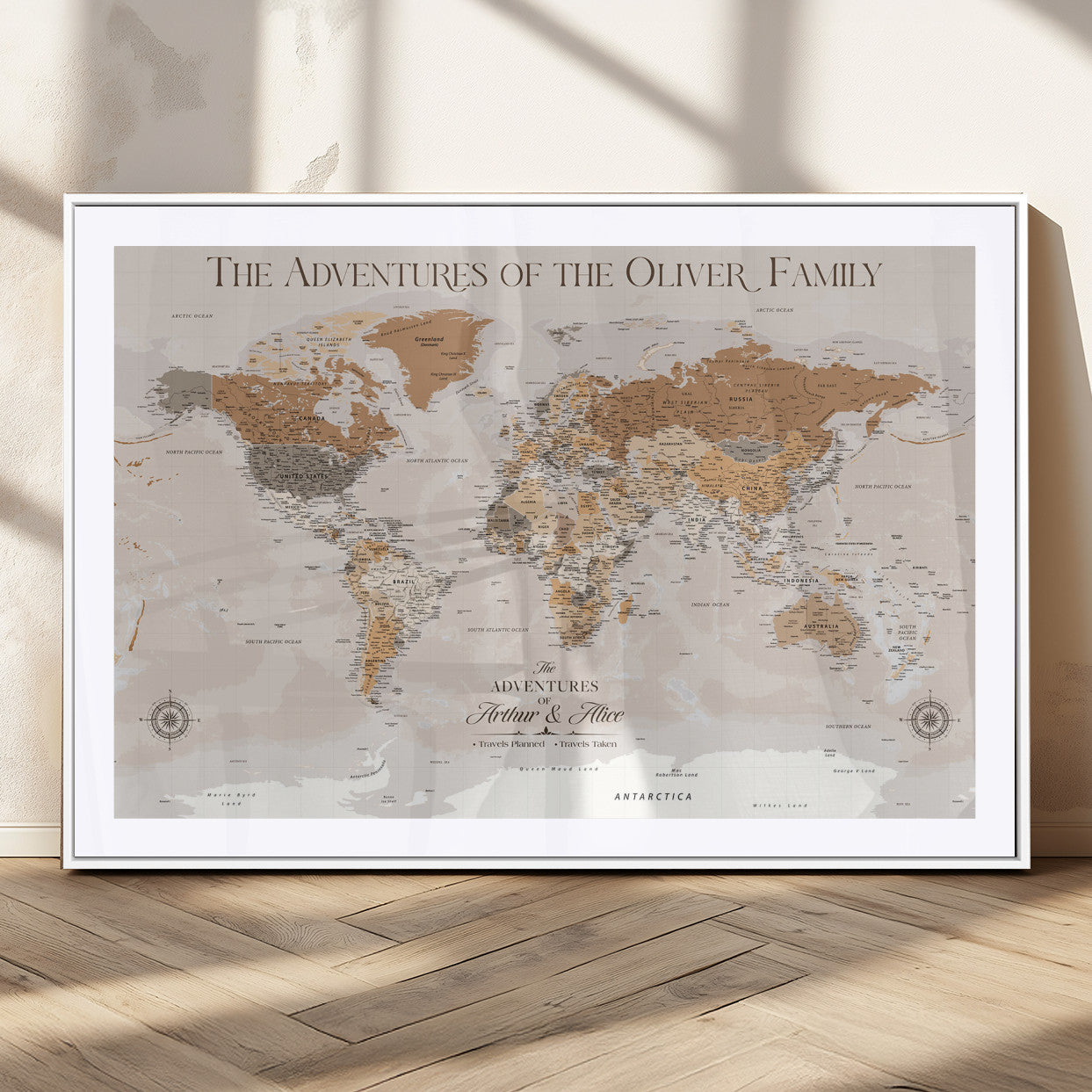 34289723-MGC-FP-36x24_White-Personalized World Map Wall Art – Elegant Beige and Brown Adventure Map Canvas Print for Family Home, Living Room, Study or Office