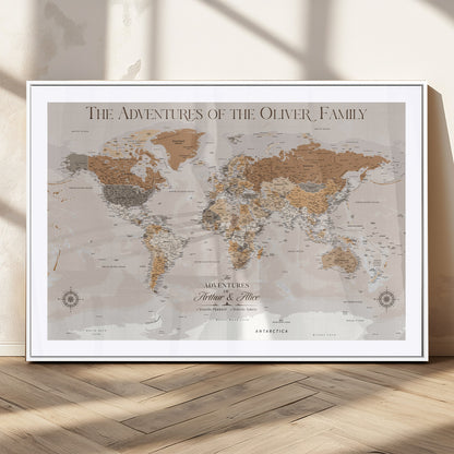 34289723-MGC-FP-36x24_White-Personalized World Map Wall Art – Elegant Beige and Brown Adventure Map Canvas Print for Family Home, Living Room, Study or Office