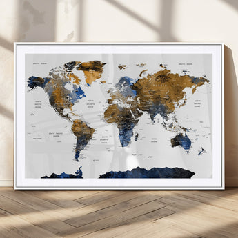 MGC-FP-36x24 - World Map Wall Art Canvas Print, Framed Blue Gold Map Art Picture Print, Rustic Atlas Perfect Rustic Modern Decor Artwork