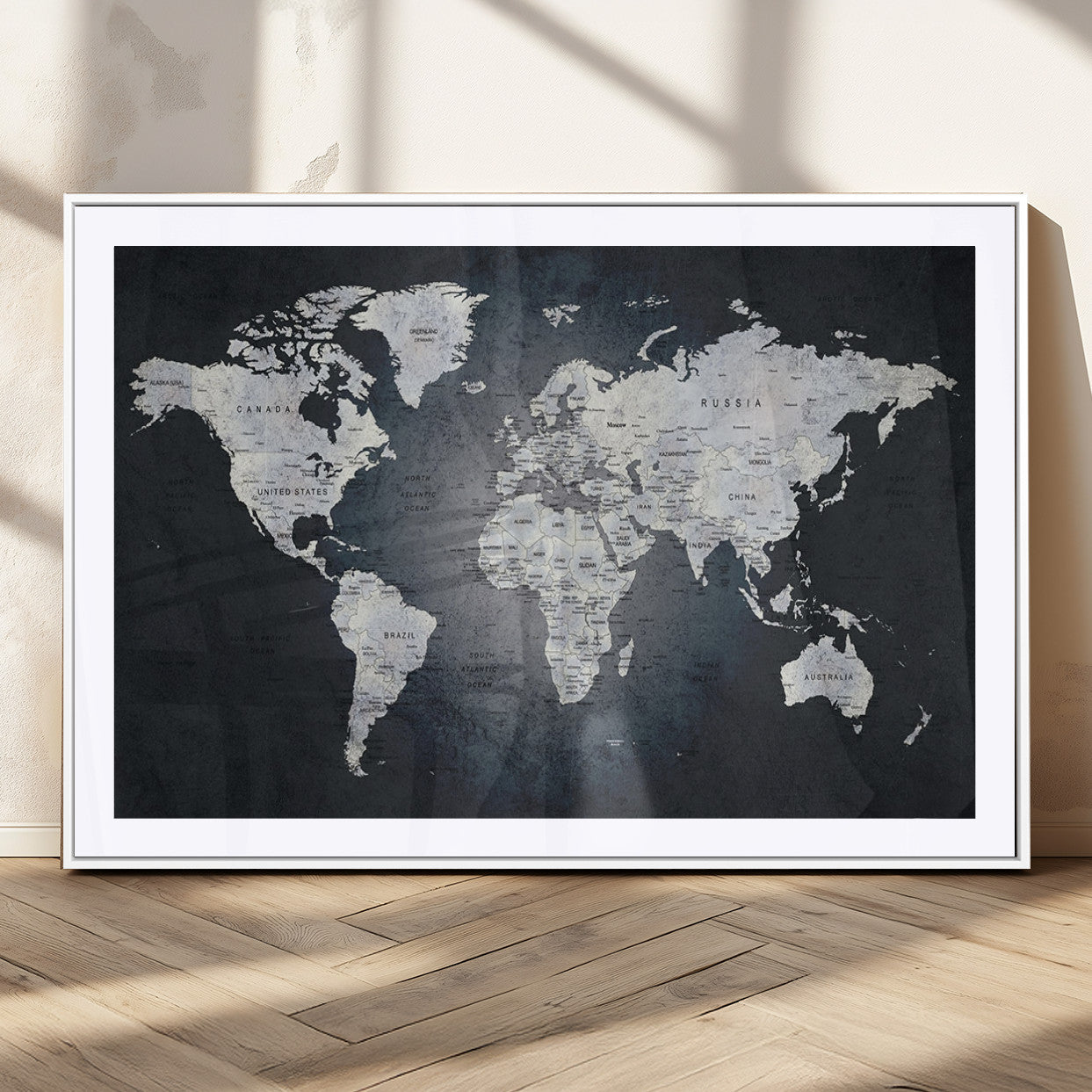 MGC-FP-36x24 - Monochrome World Map Wall Art Canvas Print, Framed Minimalist Map Art Picture Print, Modern Atlas Perfect Modern Minimalist Decor Artwork