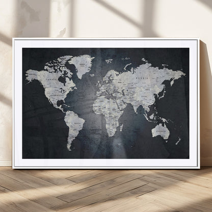 MGC-FP-36x24 - Monochrome World Map Wall Art Canvas Print, Framed Minimalist Map Art Picture Print, Modern Atlas Perfect Modern Minimalist Decor Artwork