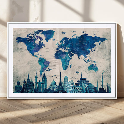 MGC-FP-36x24 - Blue World Map Wall Art Canvas Print, Framed Iconic Landmarks Art Picture Print, Blue Globe Map Perfect Elegant Explorer Decor Artwork