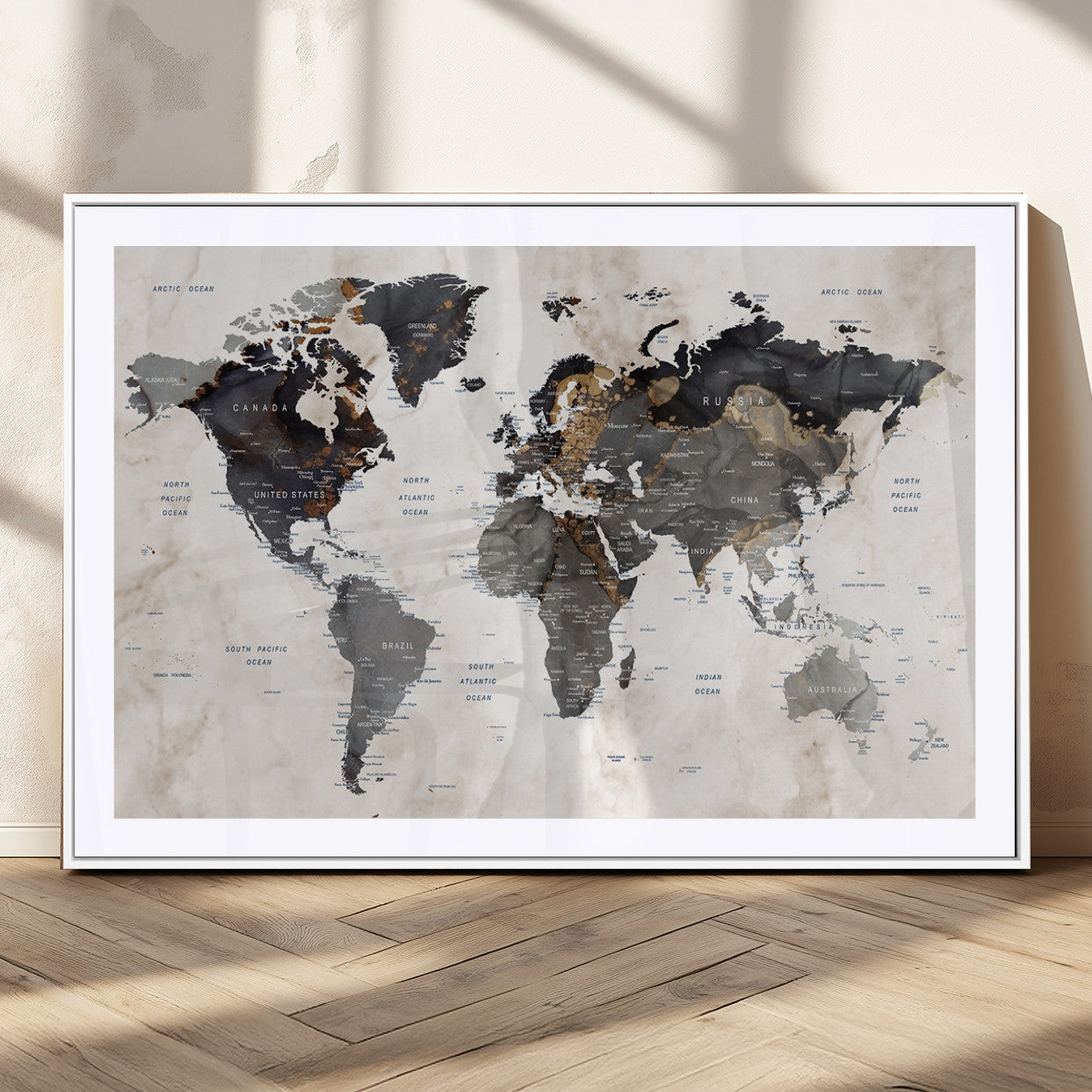 MGC-FP-36x24 - World Map Wall Art Canvas Print, Framed Rustic Map Art Picture Print, Antique Map Perfect Rustic Explorer Decor Artwork