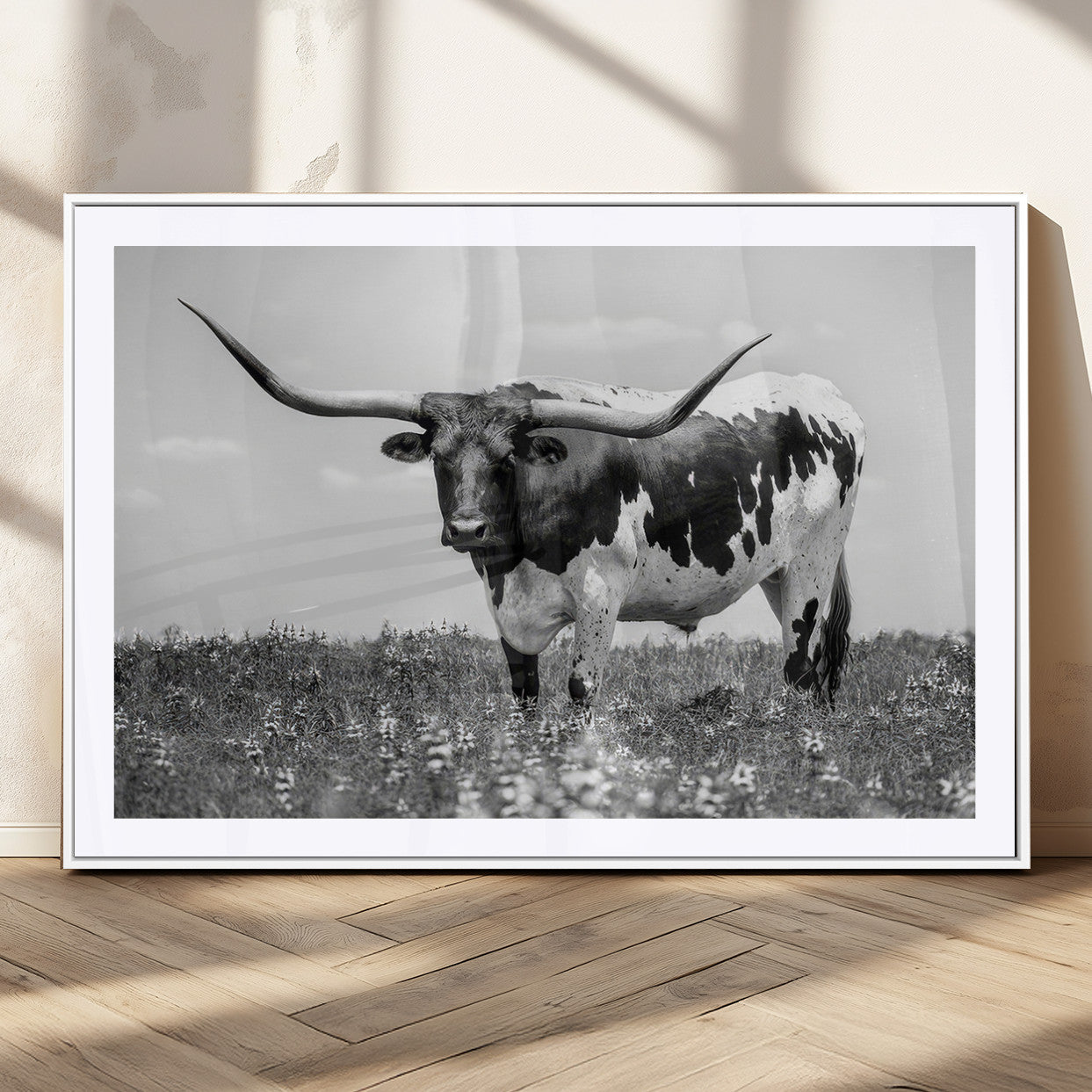 83785-MGC-FP-36x24_White-Texas Longhorn Wall Art Canvas Print, Framed Horned Bull Art Picture Print, Monochrome Cattle Perfect Rustic Western Decor Artwork