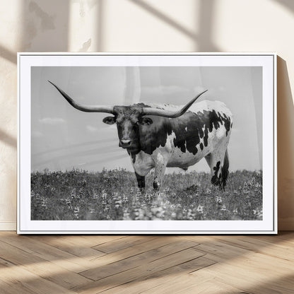 83785-MGC-FP-36x24_White-Texas Longhorn Wall Art Canvas Print, Framed Horned Bull Art Picture Print, Monochrome Cattle Perfect Rustic Western Decor Artwork