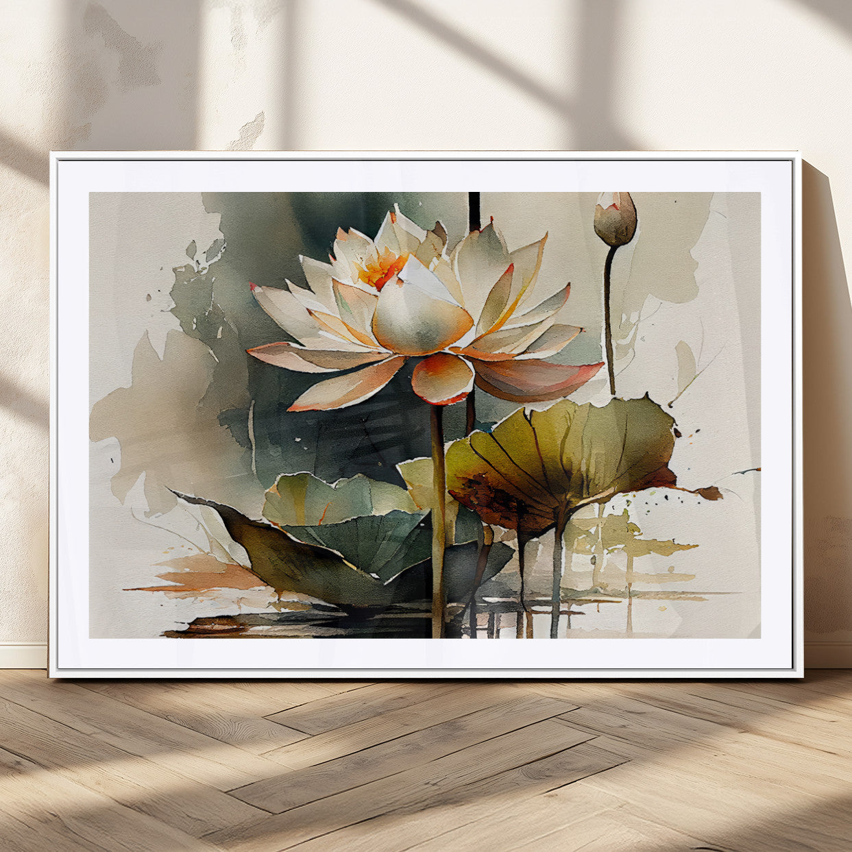 46359-MGC-FP-36x24_White-Lotus Blossom Wall Art Canvas Print, Framed Water Lily Art Picture Print, Zen Flower Perfect Zen Botanical Decor Artwork