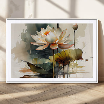 46359-MGC-FP-36x24_White-Lotus Blossom Wall Art Canvas Print, Framed Water Lily Art Picture Print, Zen Flower Perfect Zen Botanical Decor Artwork